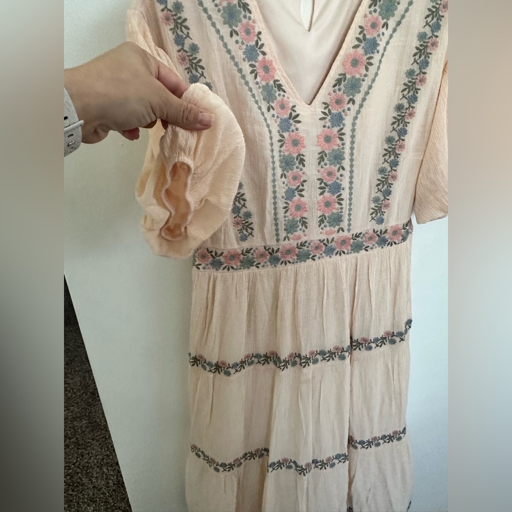 Floral Embroidered Cream Dress with Matching Scrunchie